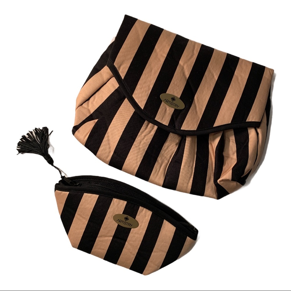 NWOT Artistry Tan Striped Plush Makeup Travel Bags